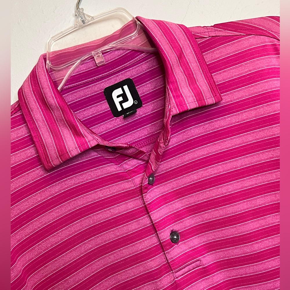 FJ FootJoy Men’s Large Short Sleeve Golf Polo Pink White Polyester Spandex Shirt